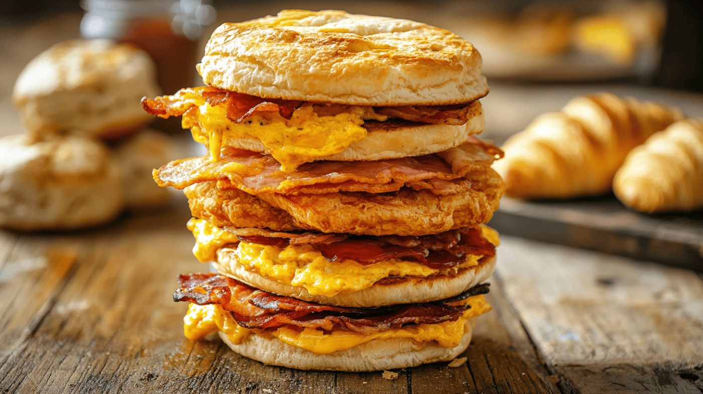 Stack of Jimmy Dean breakfast sandwiches on a rustic wooden table