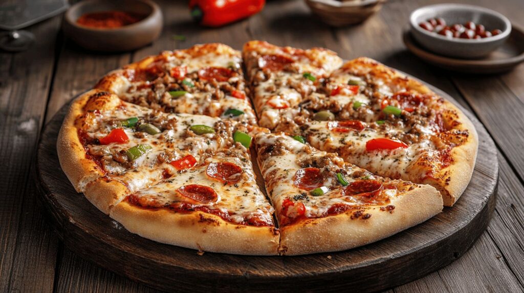 A delicious 10-inch pizza sliced into six portions with vibrant toppings.