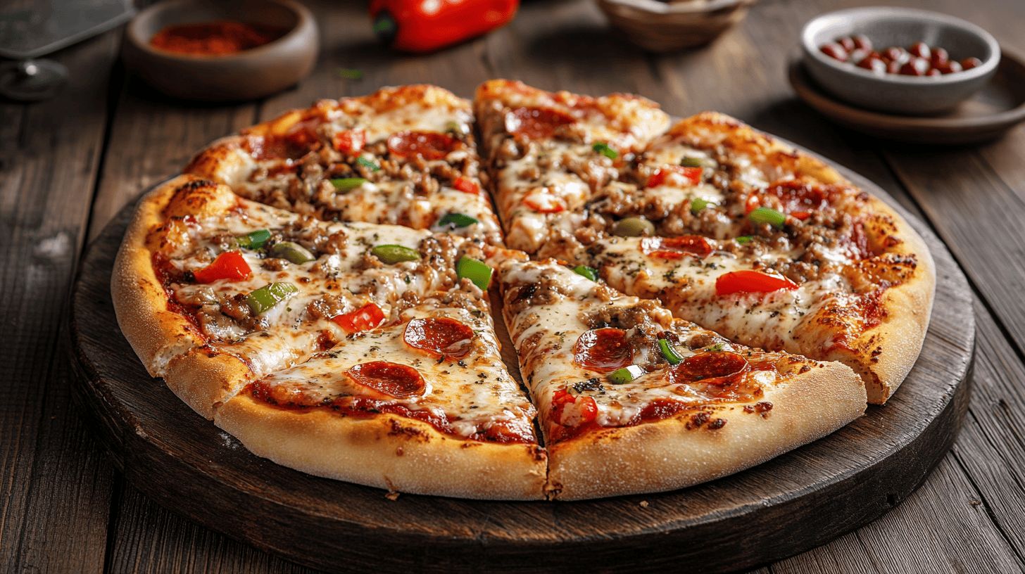 A delicious 10-inch pizza sliced into six portions with vibrant toppings.