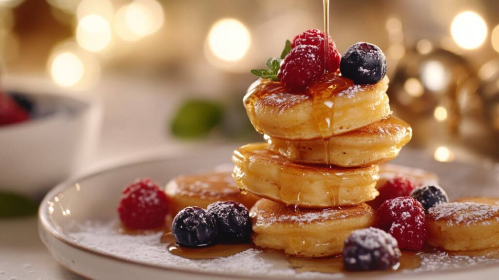 Stack of golden mini pancakes with syrup and berries.