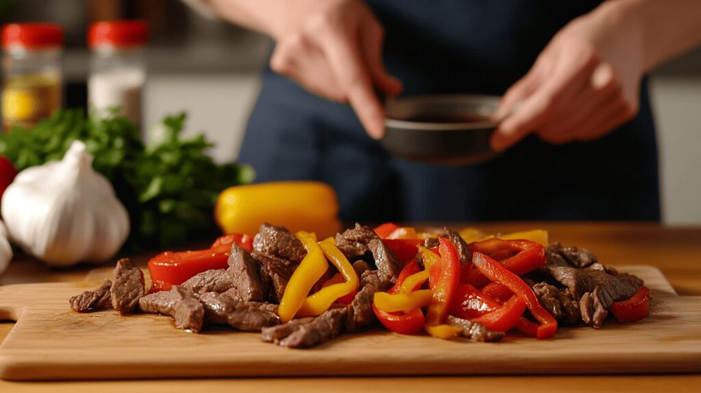 Woman's hands slicing bell peppers and beef in a modern kitchen.