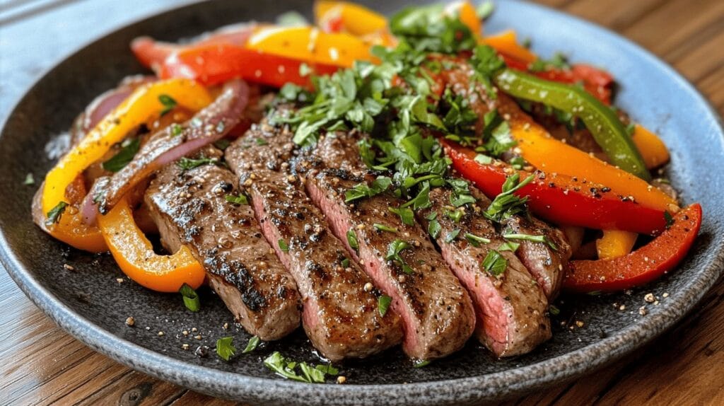 Pepper steak with colorful bell peppers and onions on a plate