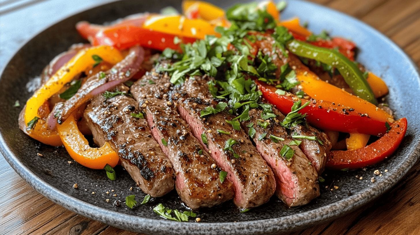 Pepper steak with colorful bell peppers and onions on a plate