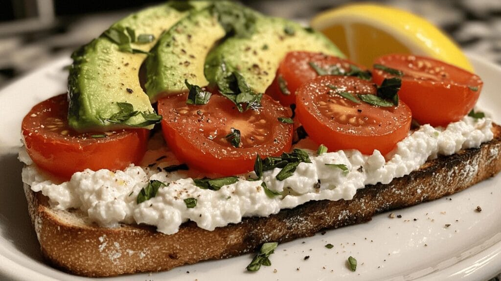Toast topped with cottage cheese, avocado, and cherry tomatoes.