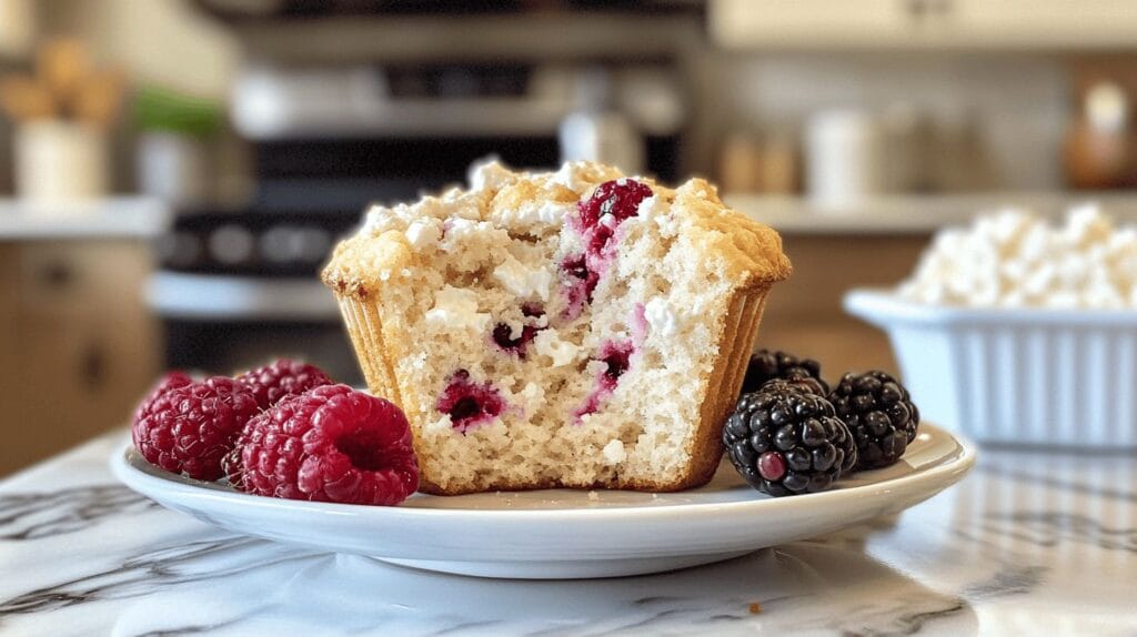 Freshly baked muffin made with cottage cheese and berries.