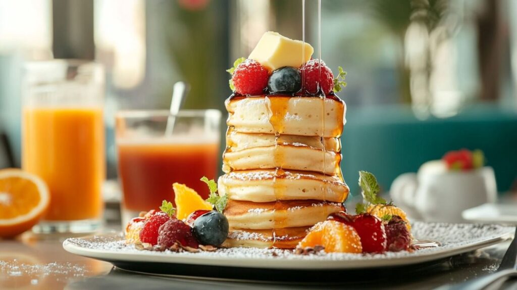 Stack of mini pancakes with butter and syrup for a cozy breakfast