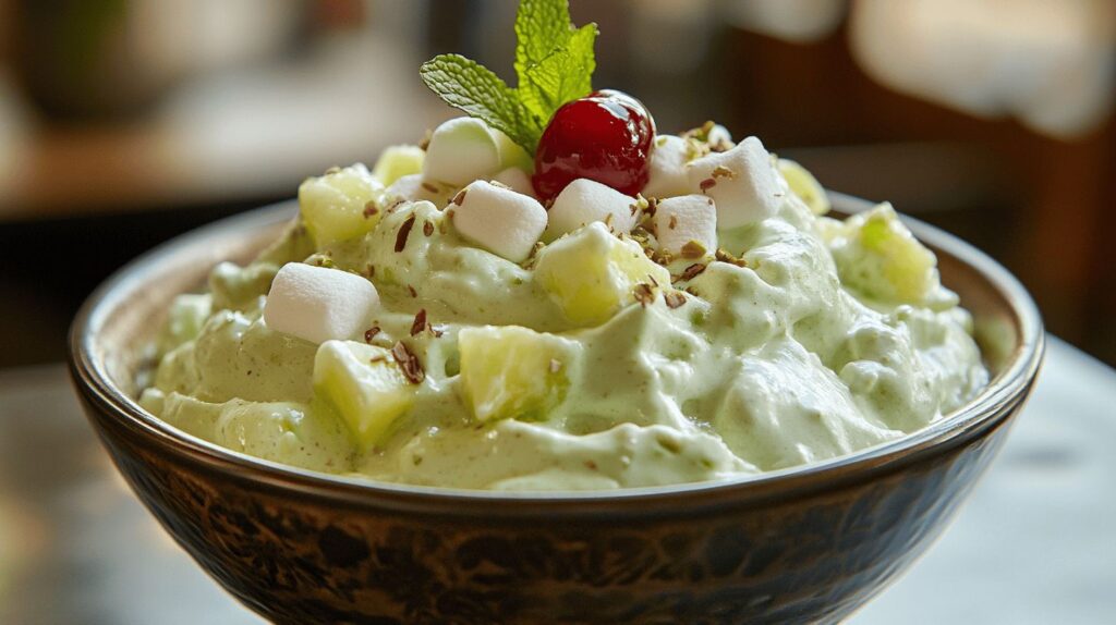 Watergate Salad served in a glass bowl with cherry and pineapple garnish.